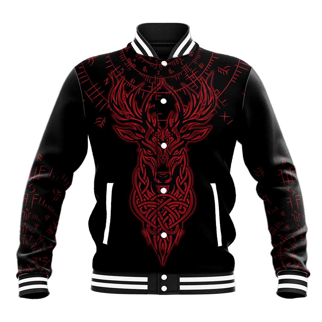Viking Stag and Helm of Awe Symbol Baseball Jacket Glowing Norse Runic Tribal Illustration