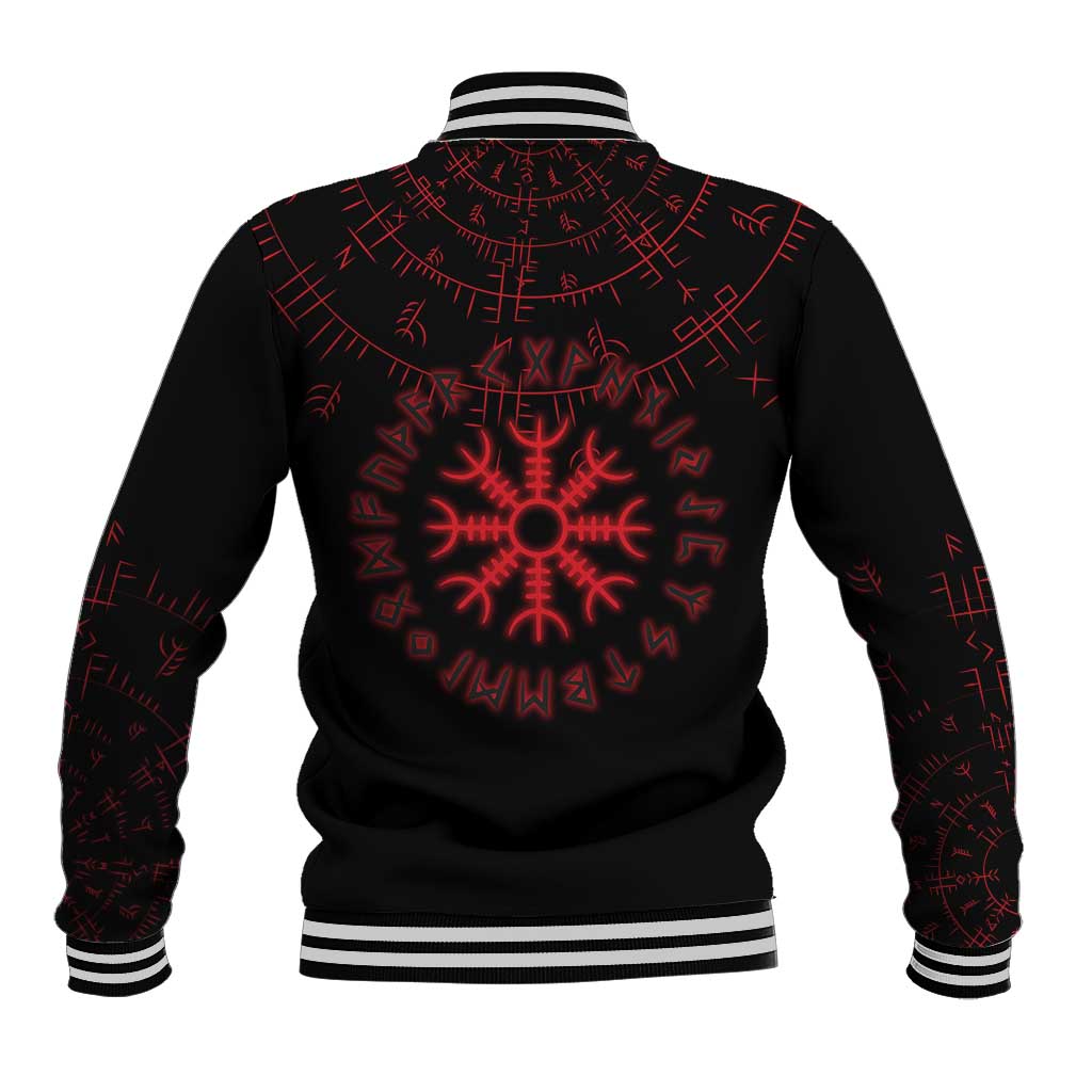 Viking Stag and Helm of Awe Symbol Baseball Jacket Glowing Norse Runic Tribal Illustration