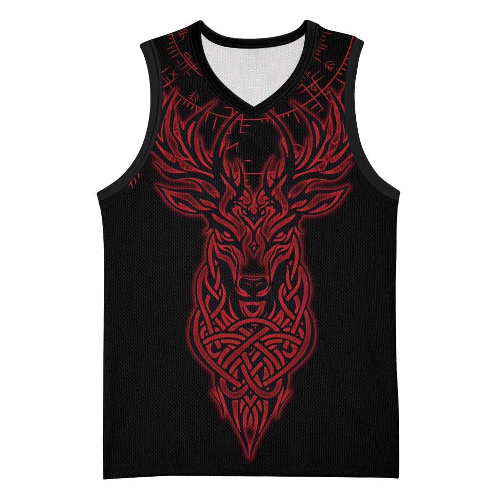 Viking Stag and Helm of Awe Symbol Basketball Jersey Glowing Norse Runic Tribal Illustration