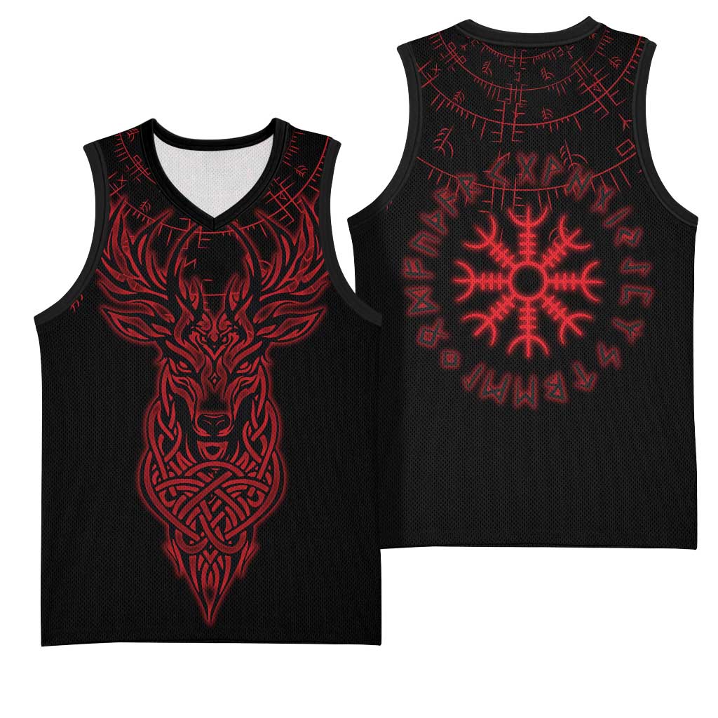Viking Stag and Helm of Awe Symbol Basketball Jersey Glowing Norse Runic Tribal Illustration
