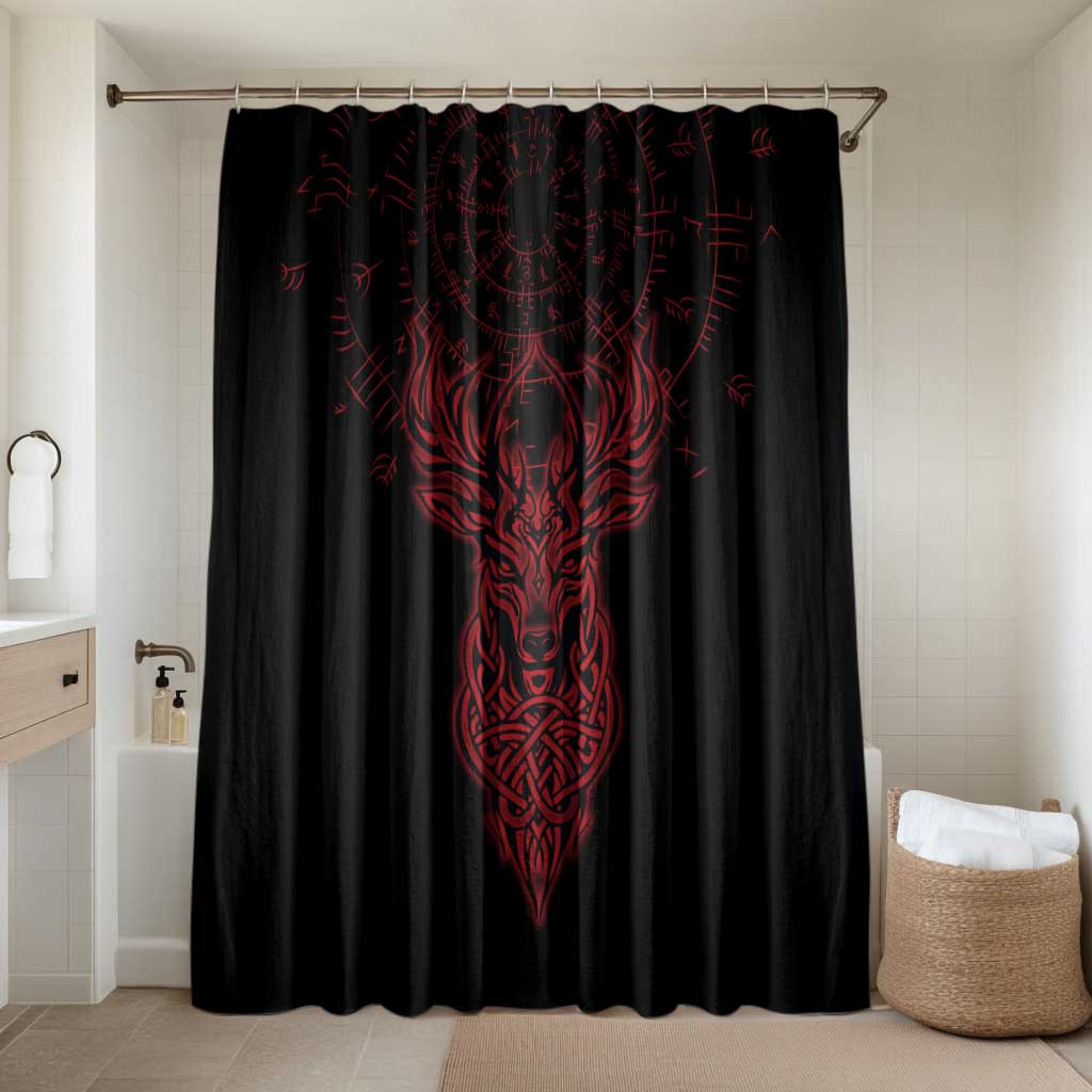 Viking Stag and Helm of Awe Symbol Bathroom Set Glowing Norse Runic Tribal Illustration