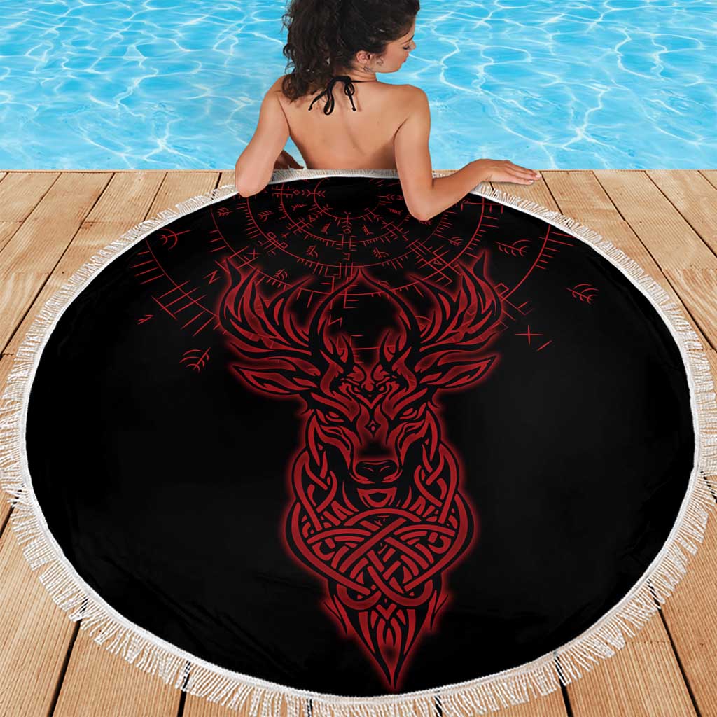 Viking Stag and Helm of Awe Symbol Beach Blanket Glowing Norse Runic Tribal Illustration