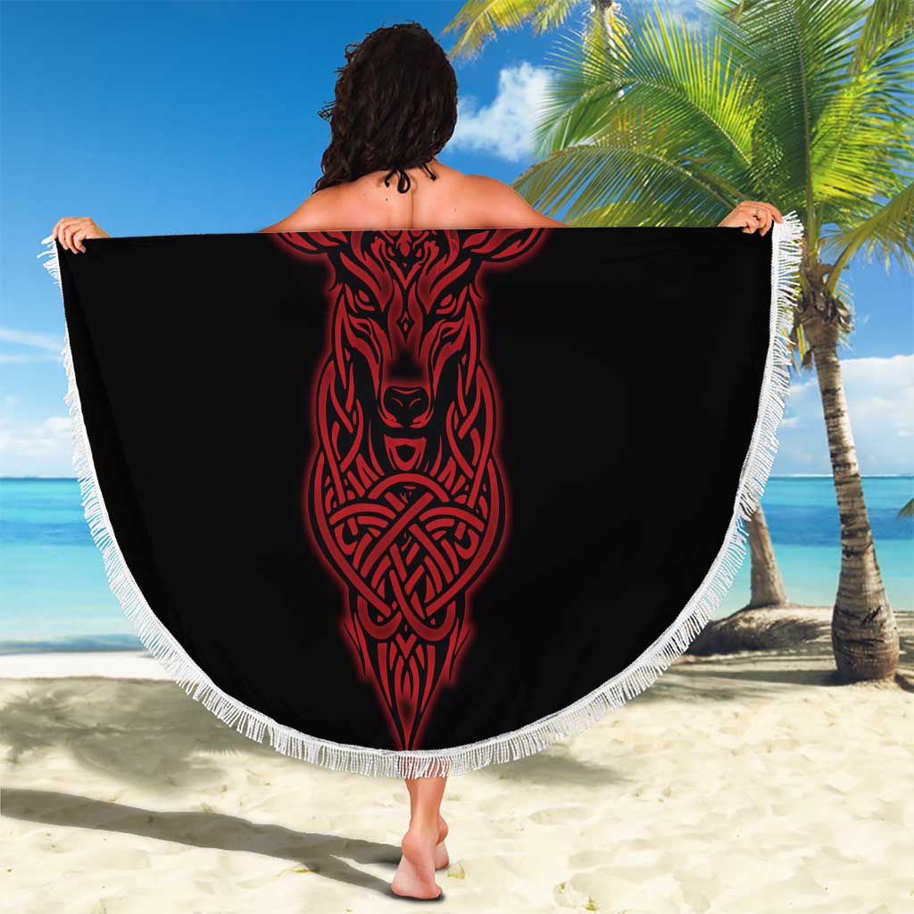 Viking Stag and Helm of Awe Symbol Beach Blanket Glowing Norse Runic Tribal Illustration