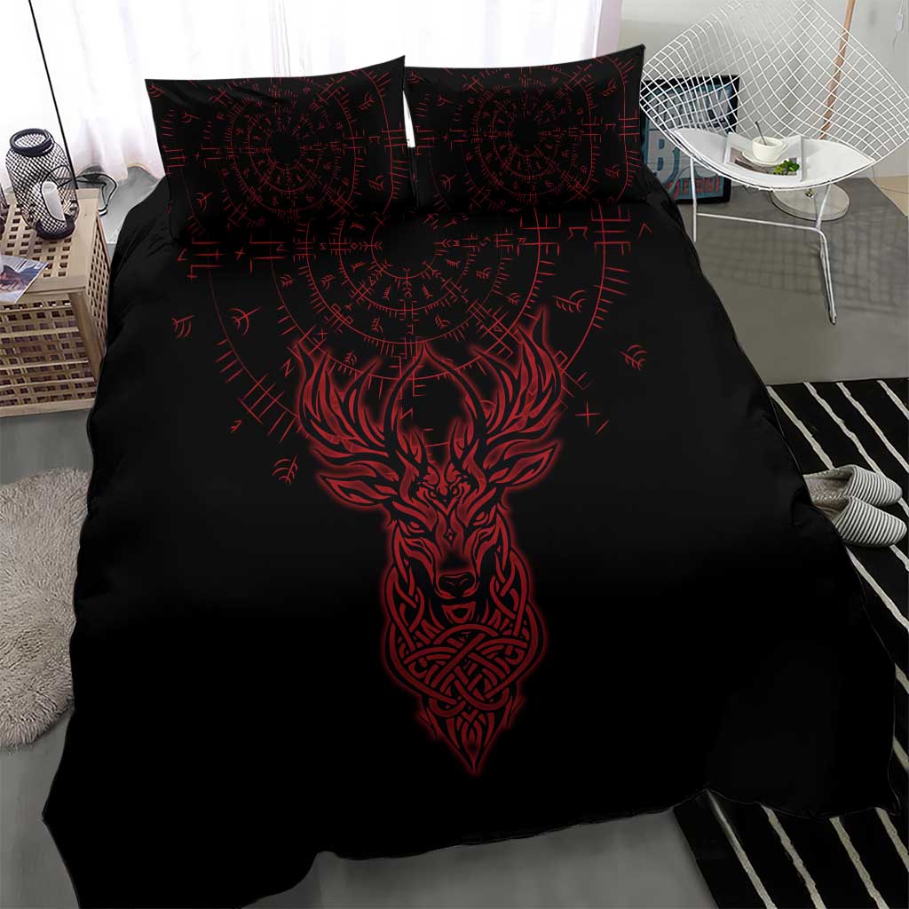 Viking Stag and Helm of Awe Symbol Bedding Set Glowing Norse Runic Tribal Illustration