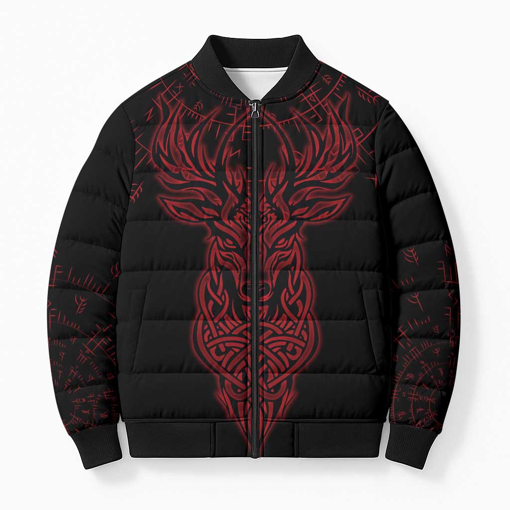Viking Stag and Helm of Awe Symbol Bomber Puffer Jacket Glowing Norse Runic Tribal Illustration