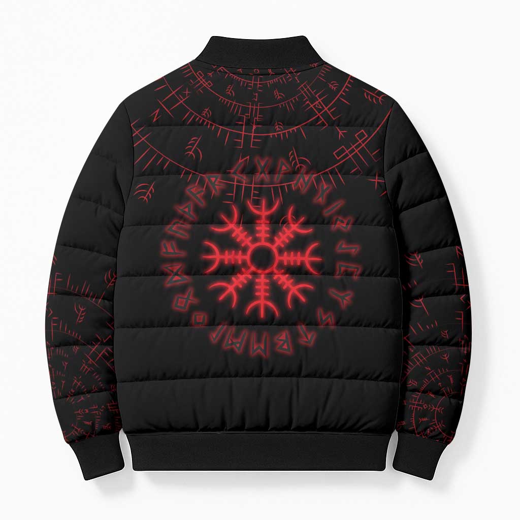 Viking Stag and Helm of Awe Symbol Bomber Puffer Jacket Glowing Norse Runic Tribal Illustration