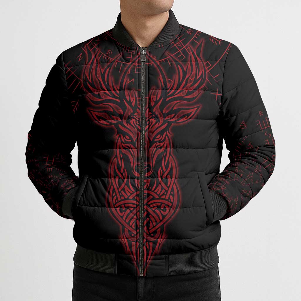 Viking Stag and Helm of Awe Symbol Bomber Puffer Jacket Glowing Norse Runic Tribal Illustration