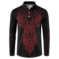 Viking Stag and Helm of Awe Symbol Button Sweatshirt Glowing Norse Runic Tribal Illustration