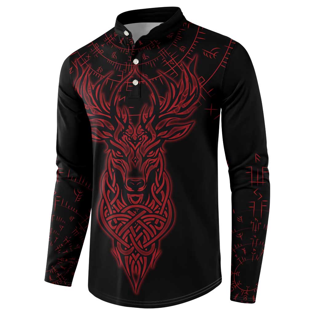 Viking Stag and Helm of Awe Symbol Button Sweatshirt Glowing Norse Runic Tribal Illustration