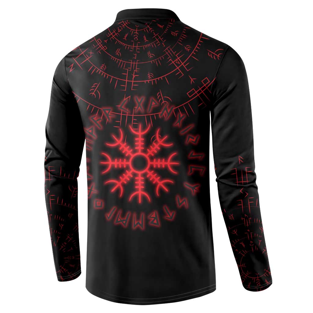Viking Stag and Helm of Awe Symbol Button Sweatshirt Glowing Norse Runic Tribal Illustration