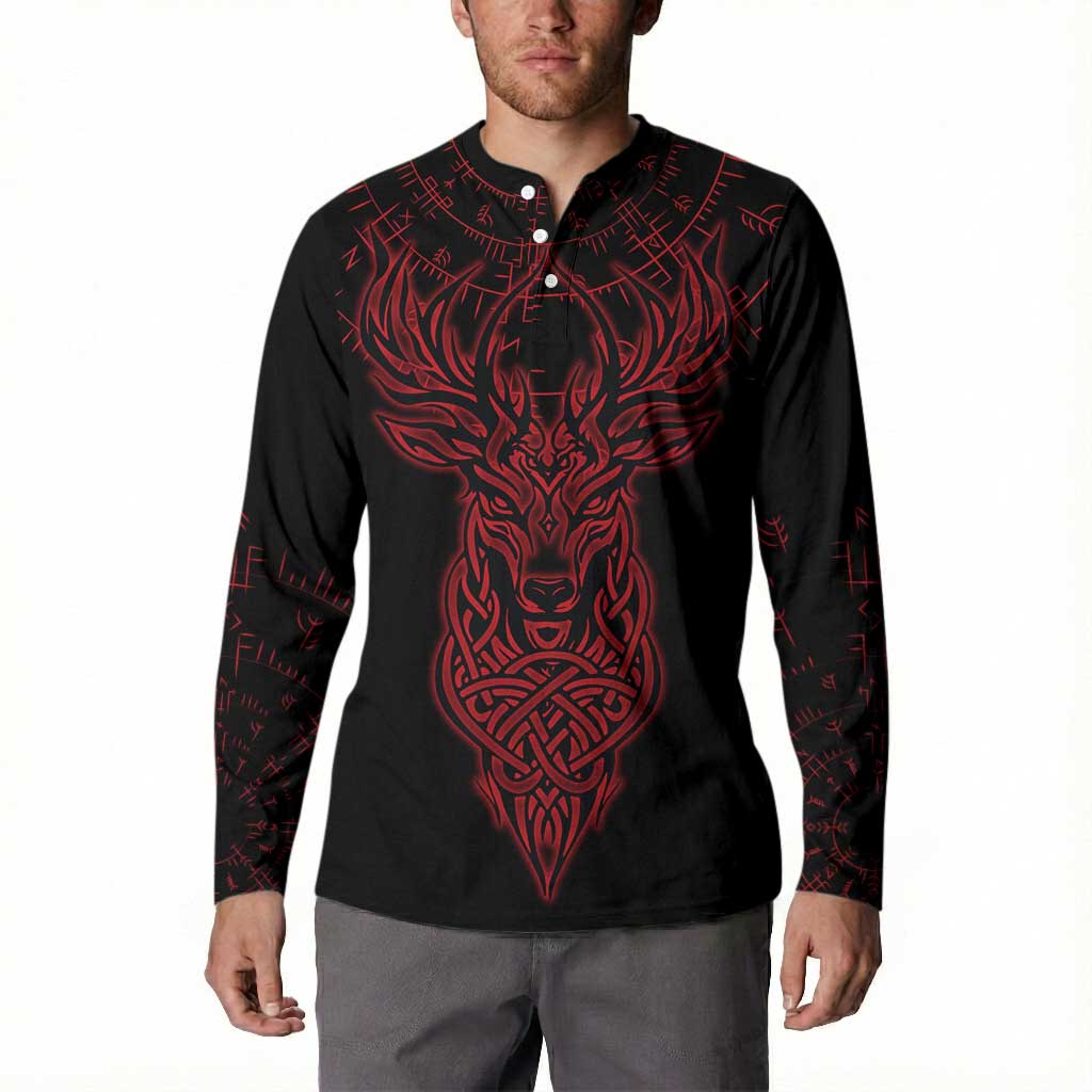Viking Stag and Helm of Awe Symbol Button Sweatshirt Glowing Norse Runic Tribal Illustration