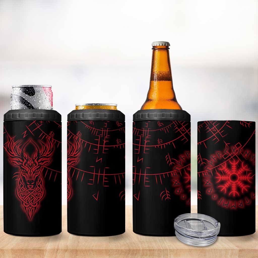 Viking Stag and Helm of Awe Symbol 4 in 1 Can Cooler Tumbler Glowing Norse Runic Tribal Illustration