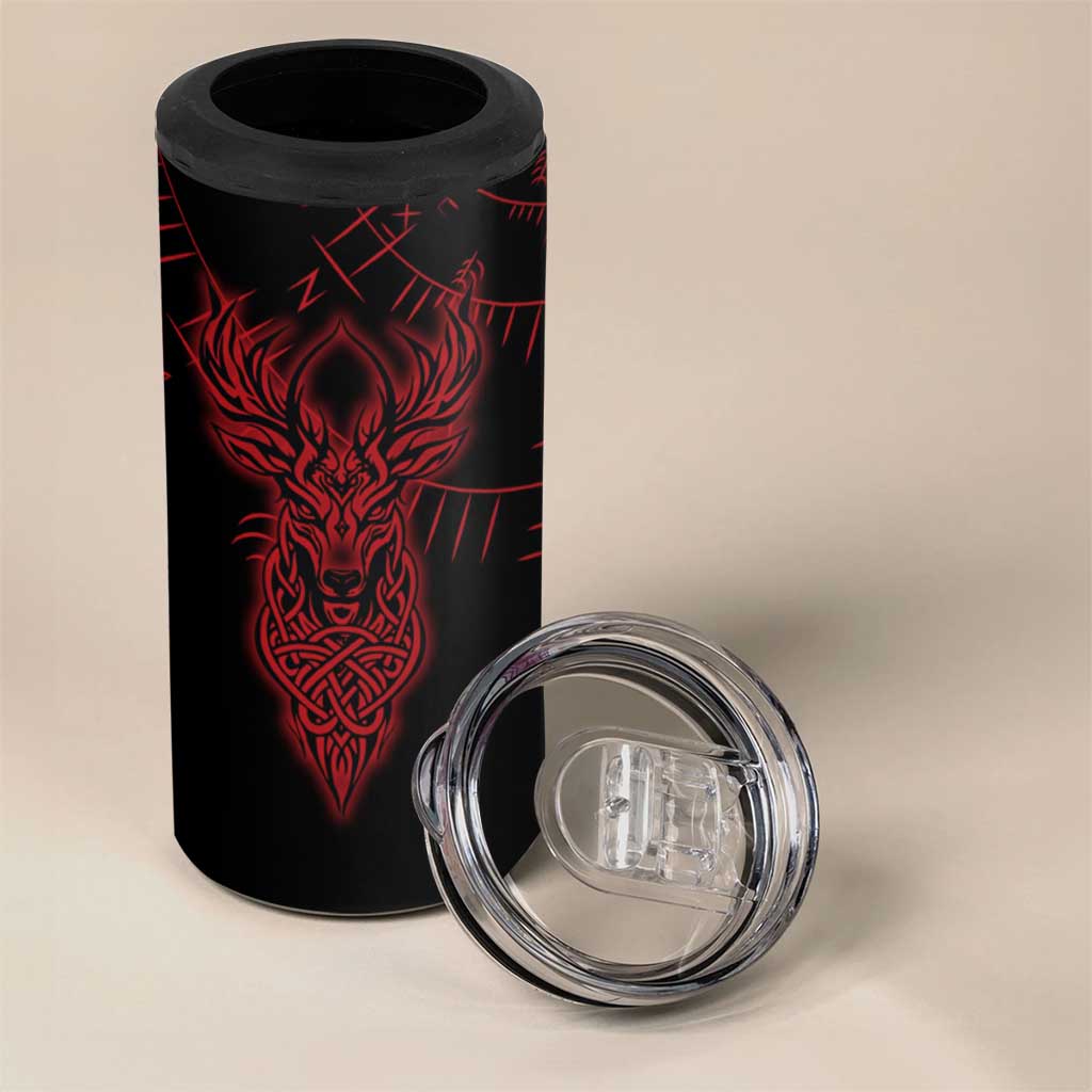 Viking Stag and Helm of Awe Symbol 4 in 1 Can Cooler Tumbler Glowing Norse Runic Tribal Illustration