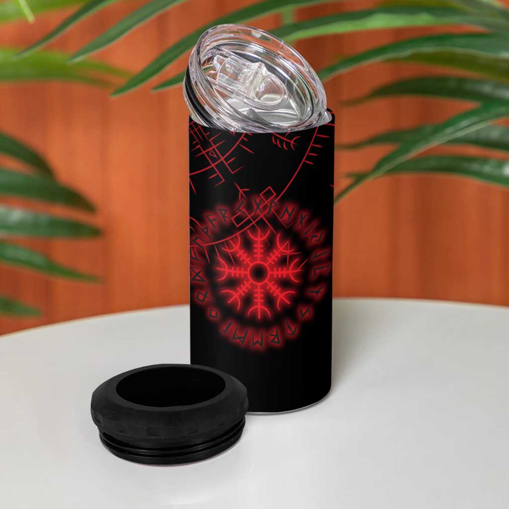 Viking Stag and Helm of Awe Symbol 4 in 1 Can Cooler Tumbler Glowing Norse Runic Tribal Illustration