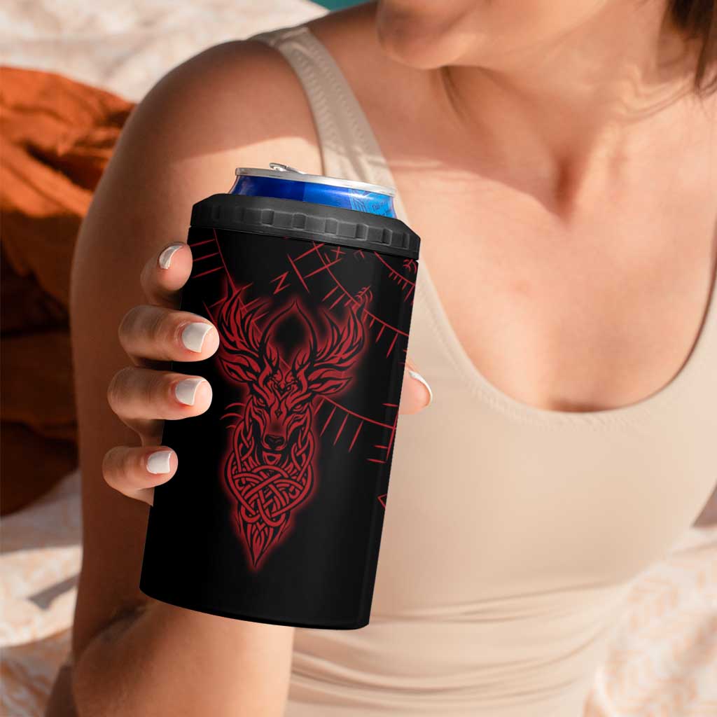 Viking Stag and Helm of Awe Symbol 4 in 1 Can Cooler Tumbler Glowing Norse Runic Tribal Illustration