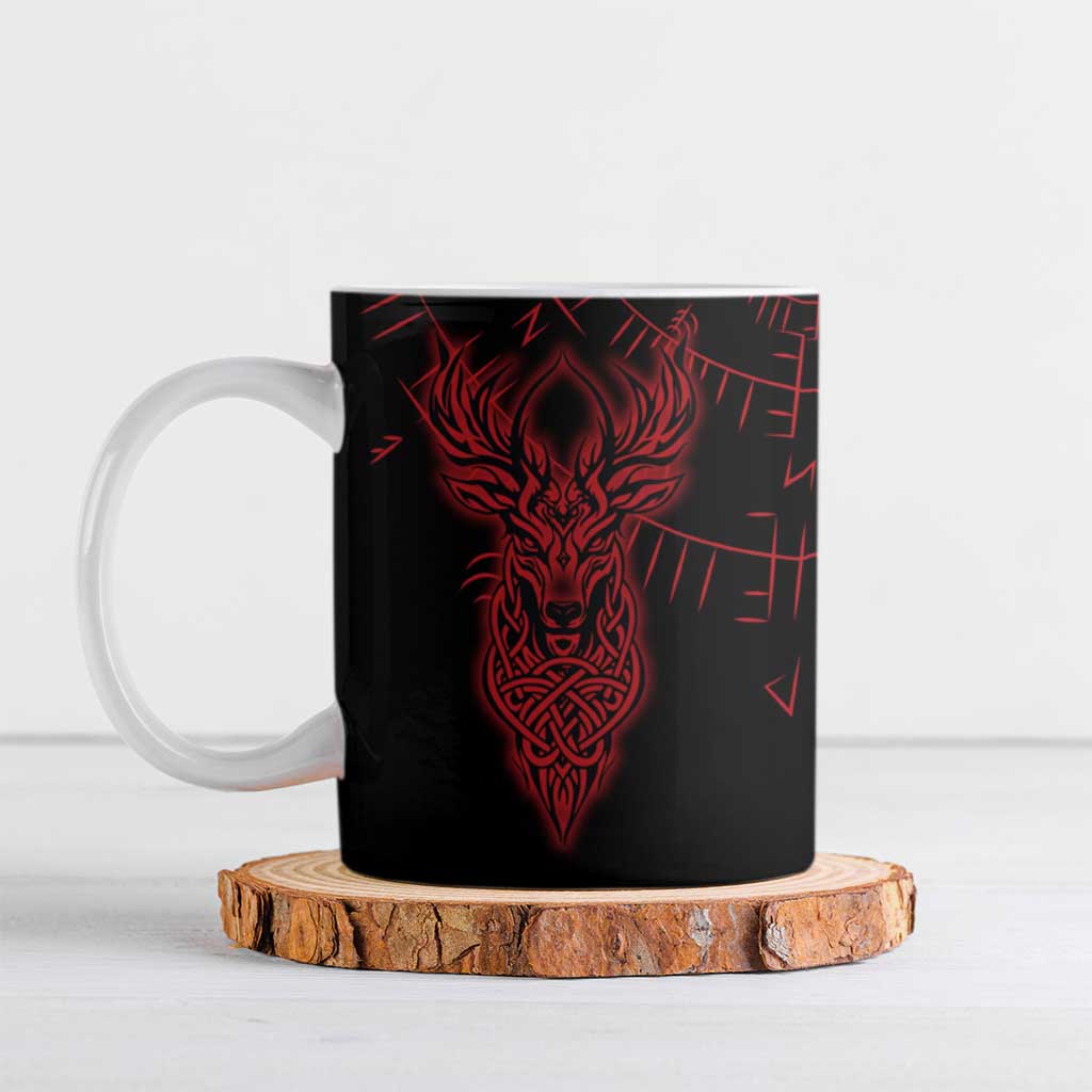 Viking Stag and Helm of Awe Symbol Ceramic Mug Glowing Norse Runic Tribal Illustration