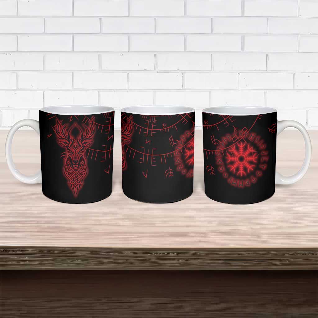 Viking Stag and Helm of Awe Symbol Ceramic Mug Glowing Norse Runic Tribal Illustration