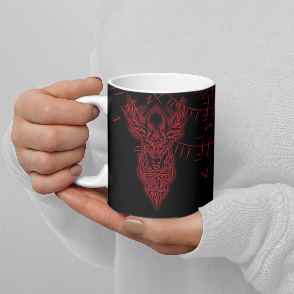 Viking Stag and Helm of Awe Symbol Ceramic Mug Glowing Norse Runic Tribal Illustration