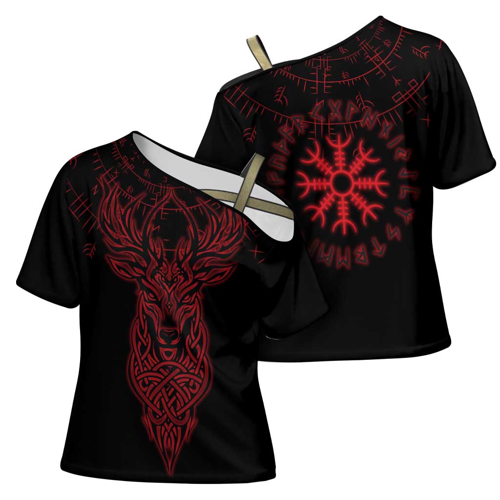 Viking Stag and Helm of Awe Symbol Cross Shoulder Shirt Glowing Norse Runic Tribal Illustration