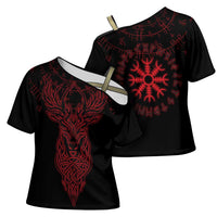 Viking Stag and Helm of Awe Symbol Cross Shoulder Shirt Glowing Norse Runic Tribal Illustration