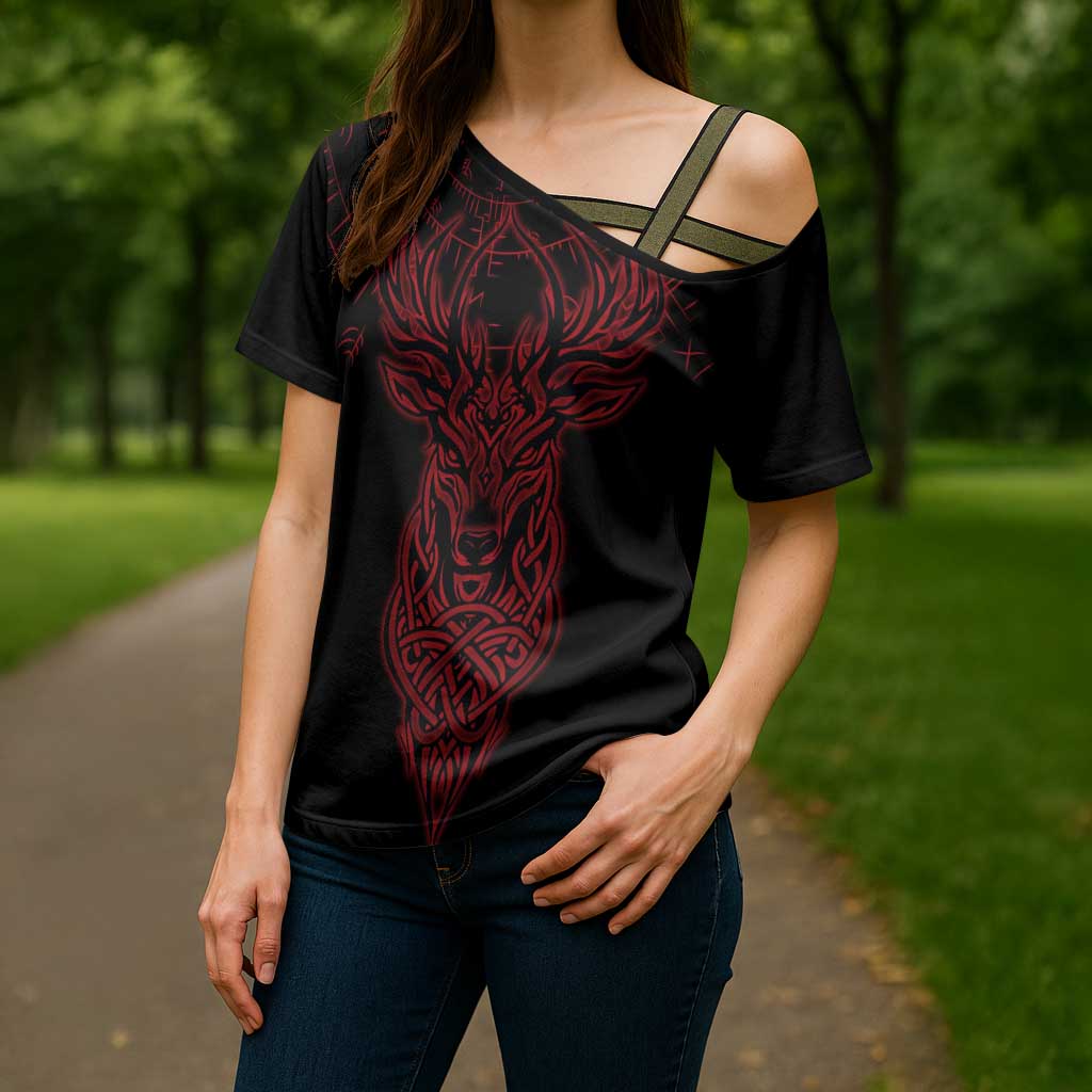 Viking Stag and Helm of Awe Symbol Cross Shoulder Shirt Glowing Norse Runic Tribal Illustration