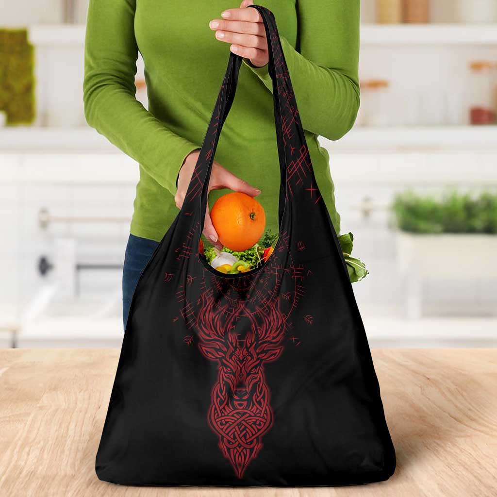 Viking Stag and Helm of Awe Symbol Grocery Bag Glowing Norse Runic Tribal Illustration
