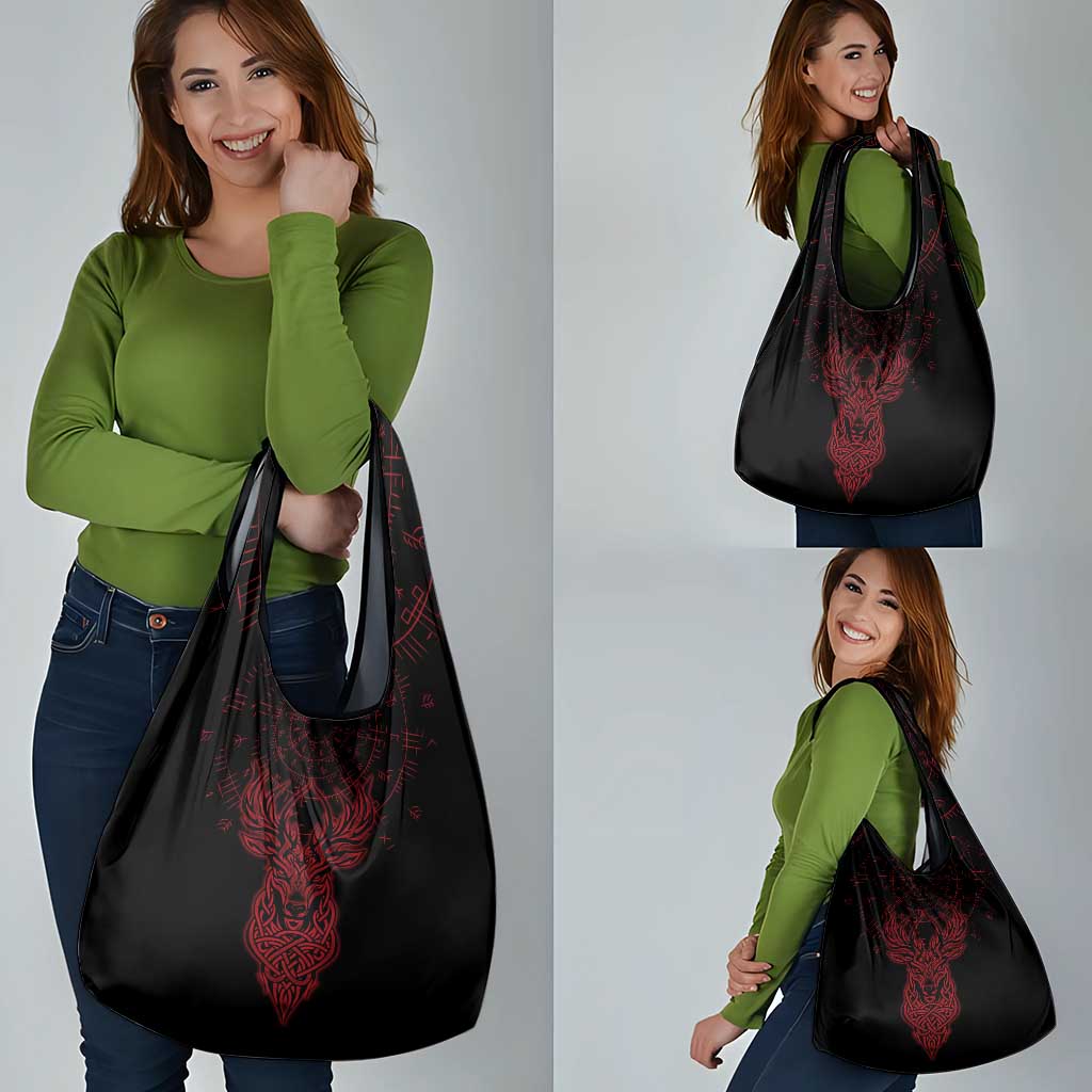 Viking Stag and Helm of Awe Symbol Grocery Bag Glowing Norse Runic Tribal Illustration