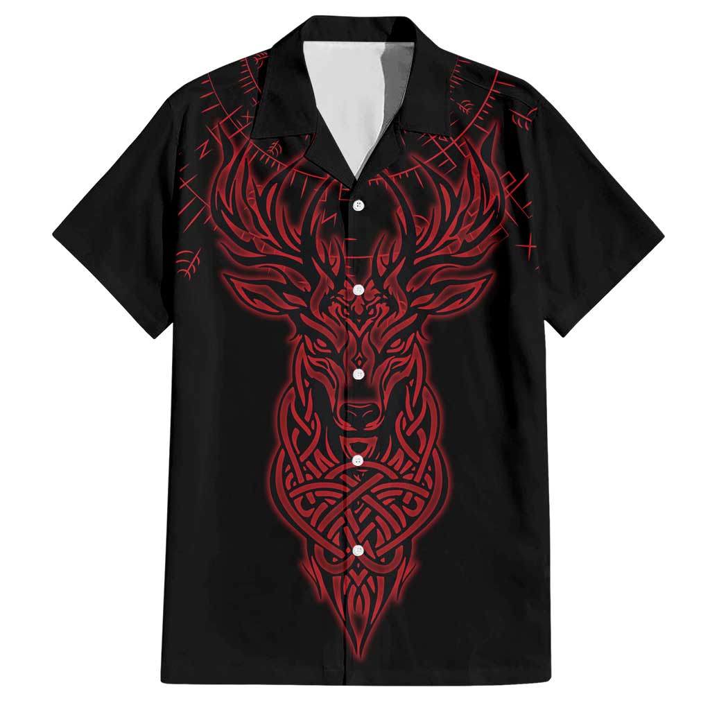 Viking Stag and Helm of Awe Symbol Hawaiian Shirt Glowing Norse Runic Tribal Illustration