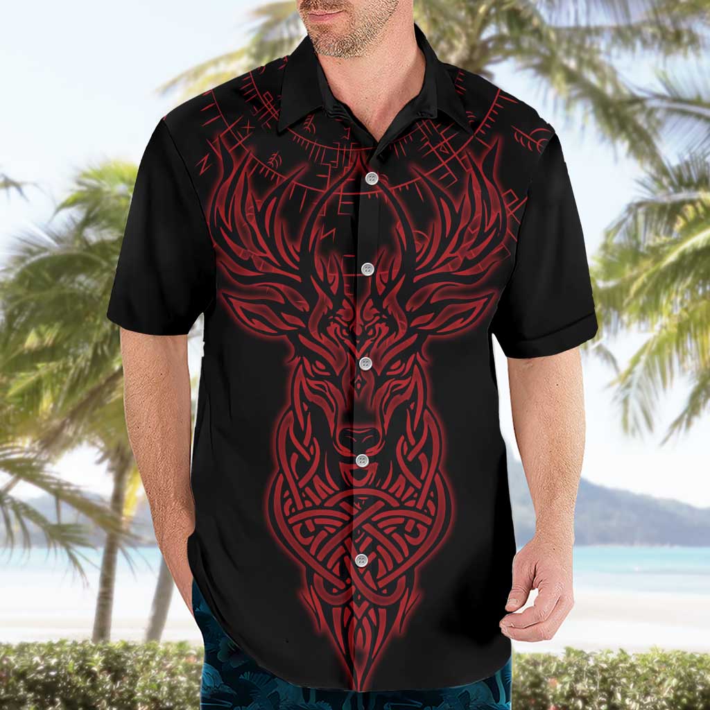 Viking Stag and Helm of Awe Symbol Hawaiian Shirt Glowing Norse Runic Tribal Illustration