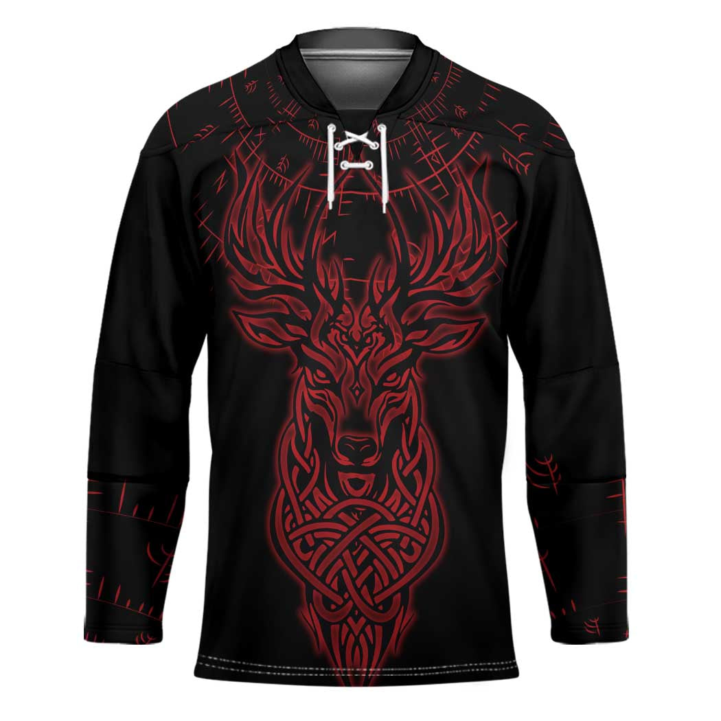 Viking Stag and Helm of Awe Symbol Hockey Jersey Glowing Norse Runic Tribal Illustration