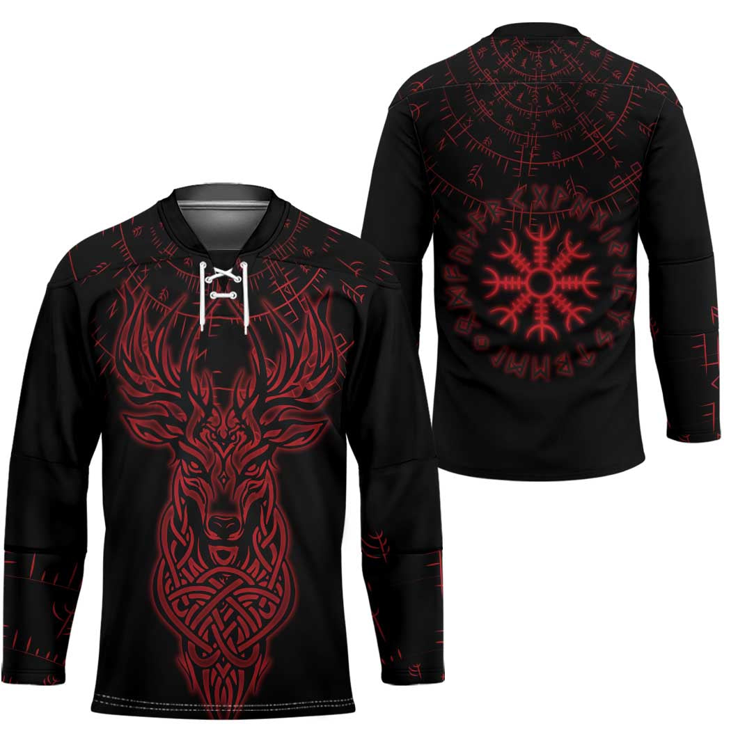 Viking Stag and Helm of Awe Symbol Hockey Jersey Glowing Norse Runic Tribal Illustration