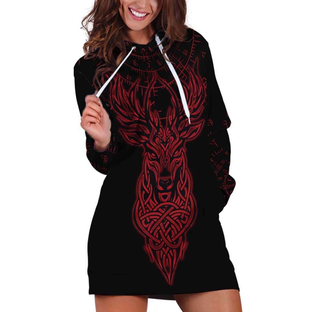 Viking Stag and Helm of Awe Symbol Hoodie Dress Glowing Norse Runic Tribal Illustration
