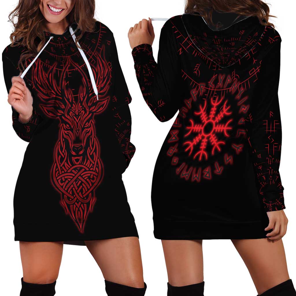 Viking Stag and Helm of Awe Symbol Hoodie Dress Glowing Norse Runic Tribal Illustration