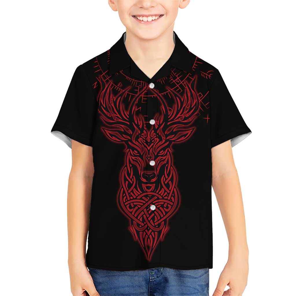 Viking Stag and Helm of Awe Symbol Kid Hawaiian Shirt Glowing Norse Runic Tribal Illustration