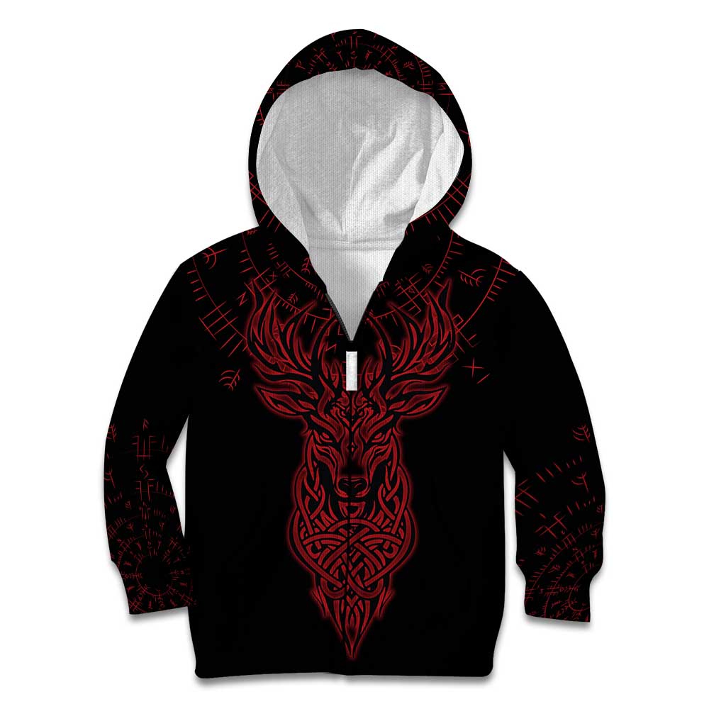 Viking Stag and Helm of Awe Symbol Kid Hoodie Glowing Norse Runic Tribal Illustration