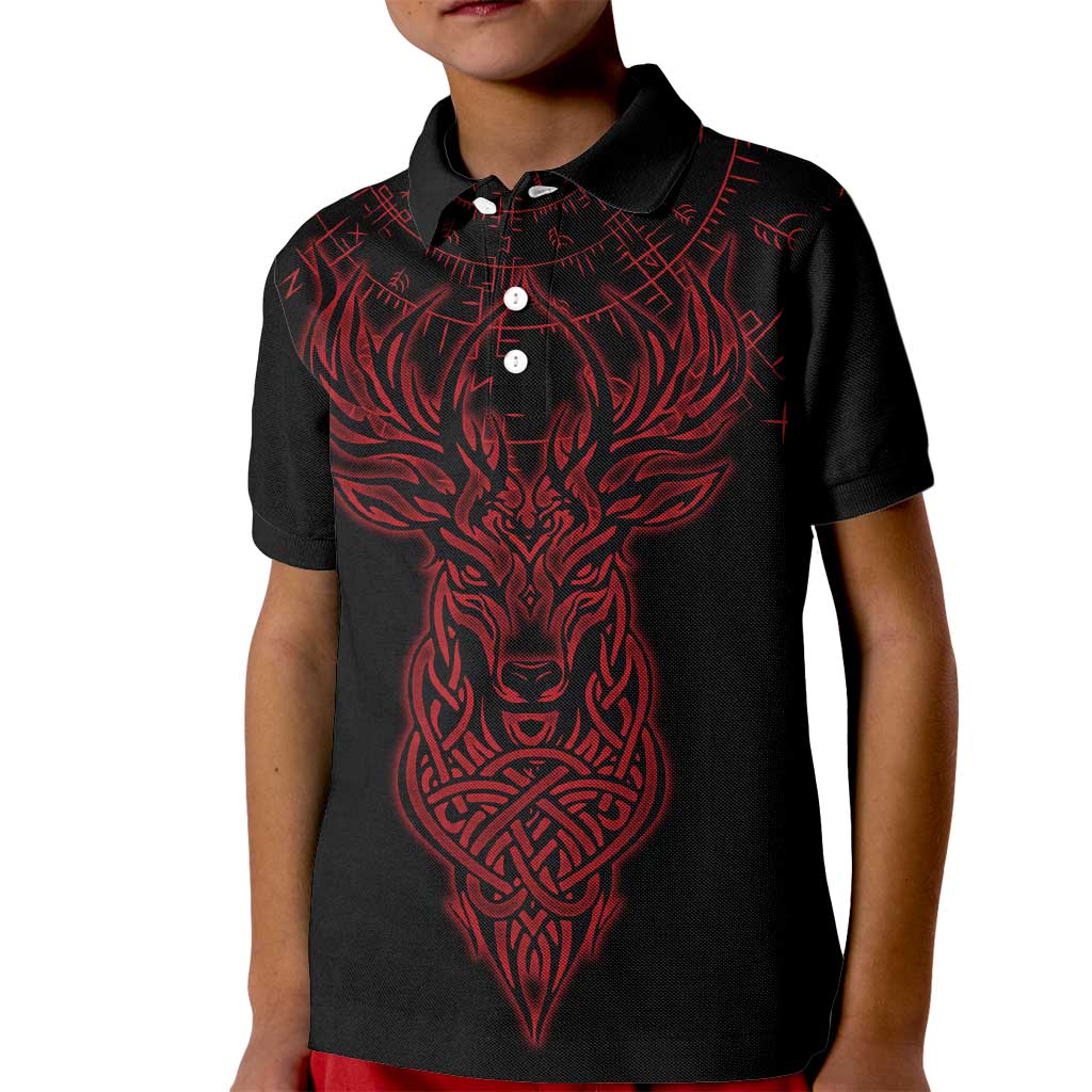 Viking Stag and Helm of Awe Symbol Kid Polo Shirt Glowing Norse Runic Tribal Illustration