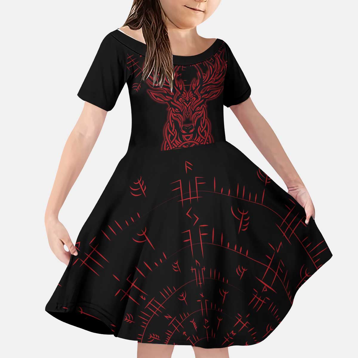 Viking Stag and Helm of Awe Symbol Kid Short Sleeve Dress Glowing Norse Runic Tribal Illustration