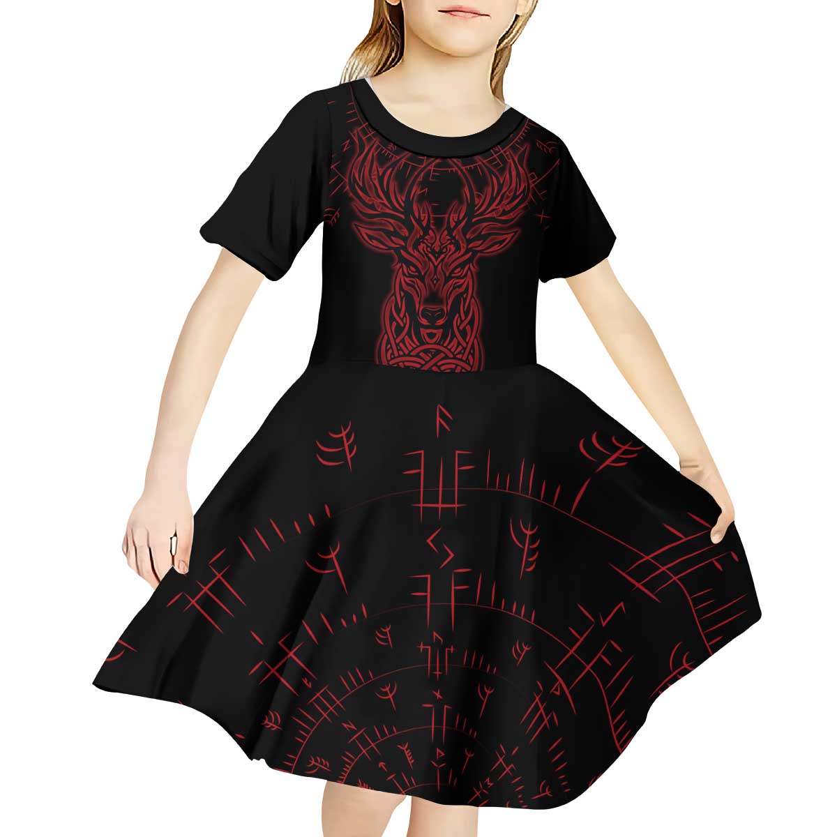 Viking Stag and Helm of Awe Symbol Kid Short Sleeve Dress Glowing Norse Runic Tribal Illustration