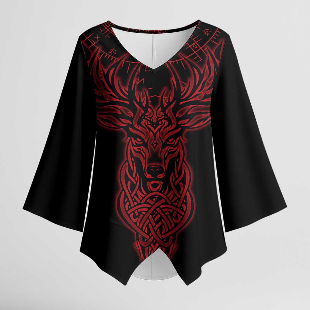 Viking Stag and Helm of Awe Symbol Kimono Sleeve Blouse Glowing Norse Runic Tribal Illustration