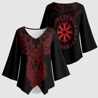 Viking Stag and Helm of Awe Symbol Kimono Sleeve Blouse Glowing Norse Runic Tribal Illustration
