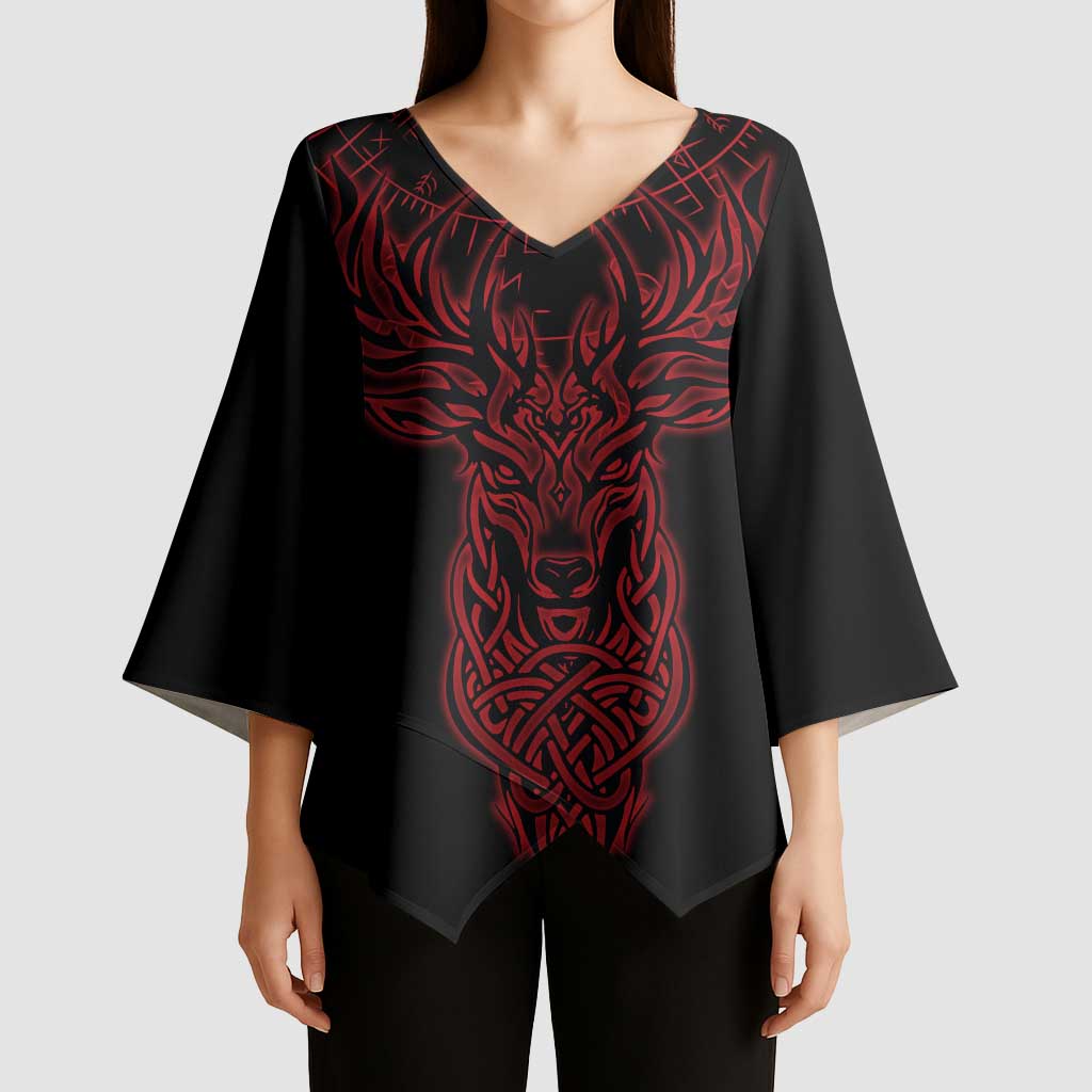 Viking Stag and Helm of Awe Symbol Kimono Sleeve Blouse Glowing Norse Runic Tribal Illustration