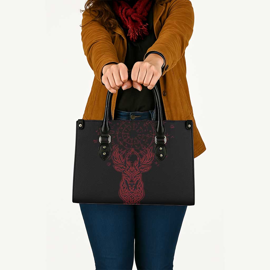 Viking Stag and Helm of Awe Symbol Leather Bag Glowing Norse Runic Tribal Illustration