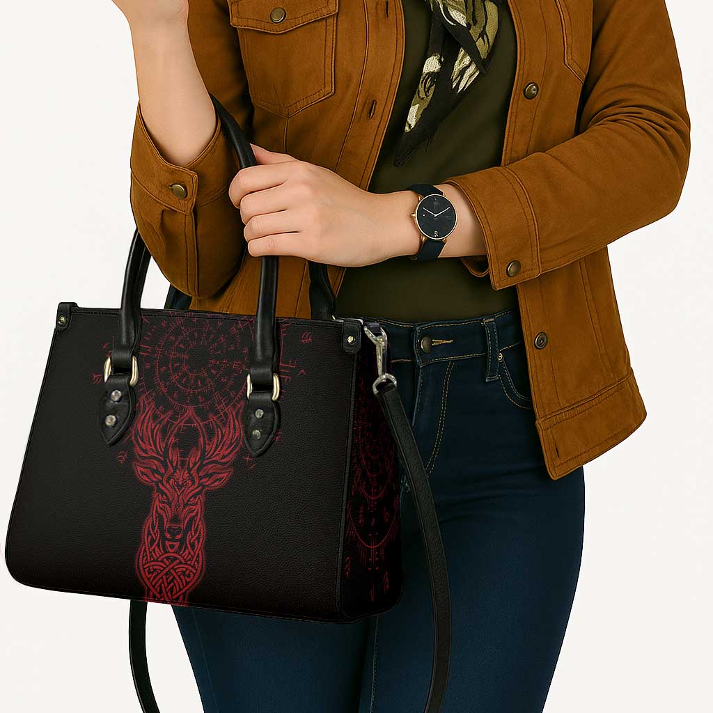 Viking Stag and Helm of Awe Symbol Leather Bag Glowing Norse Runic Tribal Illustration