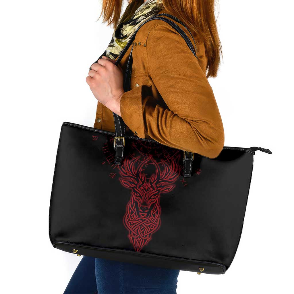 Viking Stag and Helm of Awe Symbol Leather Tote Bag Glowing Norse Runic Tribal Illustration