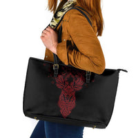 Viking Stag and Helm of Awe Symbol Leather Tote Bag Glowing Norse Runic Tribal Illustration
