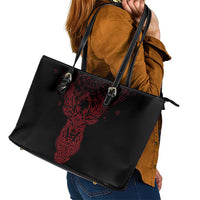Viking Stag and Helm of Awe Symbol Leather Tote Bag Glowing Norse Runic Tribal Illustration