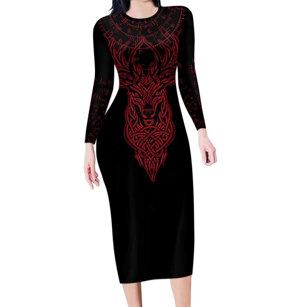Viking Stag and Helm of Awe Symbol Long Sleeve Bodycon Dress Glowing Norse Runic Tribal Illustration