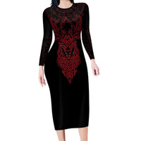 Viking Stag and Helm of Awe Symbol Long Sleeve Bodycon Dress Glowing Norse Runic Tribal Illustration