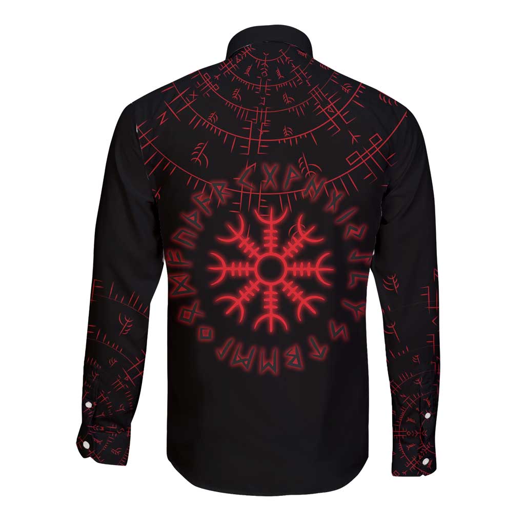Viking Stag and Helm of Awe Symbol Long Sleeve Button Shirt Glowing Norse Runic Tribal Illustration