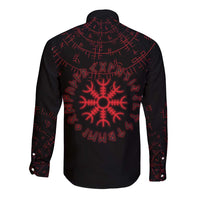 Viking Stag and Helm of Awe Symbol Long Sleeve Button Shirt Glowing Norse Runic Tribal Illustration